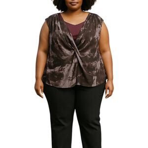 H by Halston Sleeveless Printed Chiffon Drapey Top Burgundy Size 28W